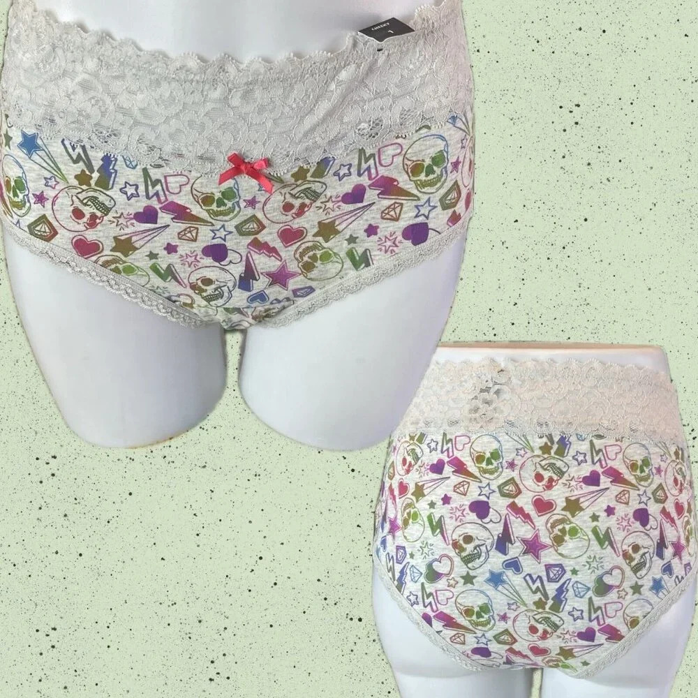 Torrid 1 Gray Electric Skull-Heart Print Scallop Lace Waistband Cheeky Panties